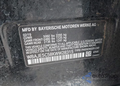 2019 BMW 540I из США, поврежденный, VIN WBAJE5C58KWW28315